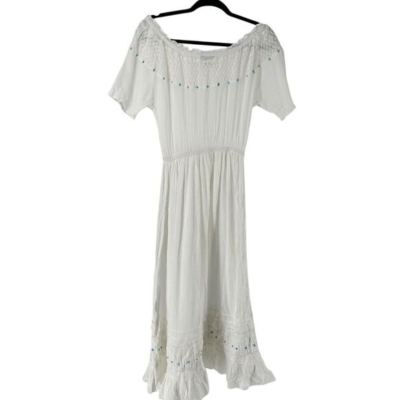 220 Hickory Maxi Dress White Off The Shoulder Turquoise Bead Size S Ruffle Crepe - Picture 12 of 12